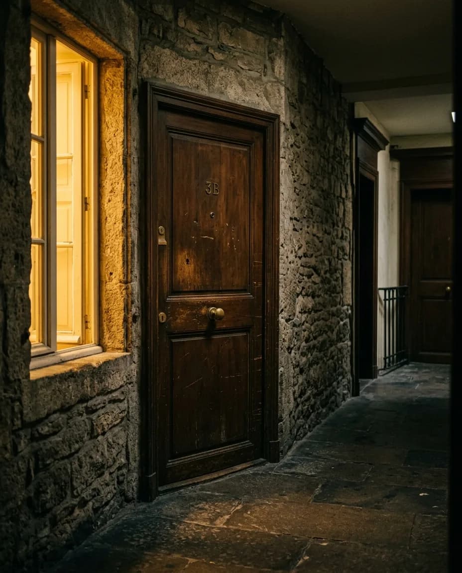 Porte d'appartement, intérieur d'immeuble pierre